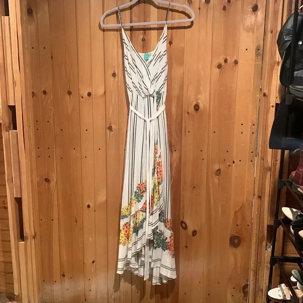 FARM Rio White Striped Midi Dress with Yellow & Orange Floral